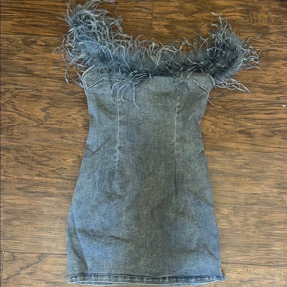 Fashion Nova Gray Feather Trim Mini Dress